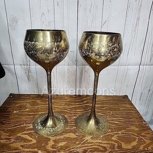 meditation pair of Etched Floral Brass Challis Long Stem candle holders 12"